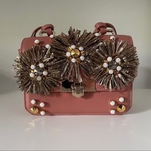 Hibourama Pink Leather Statement bag with gold foils and beading. Used.